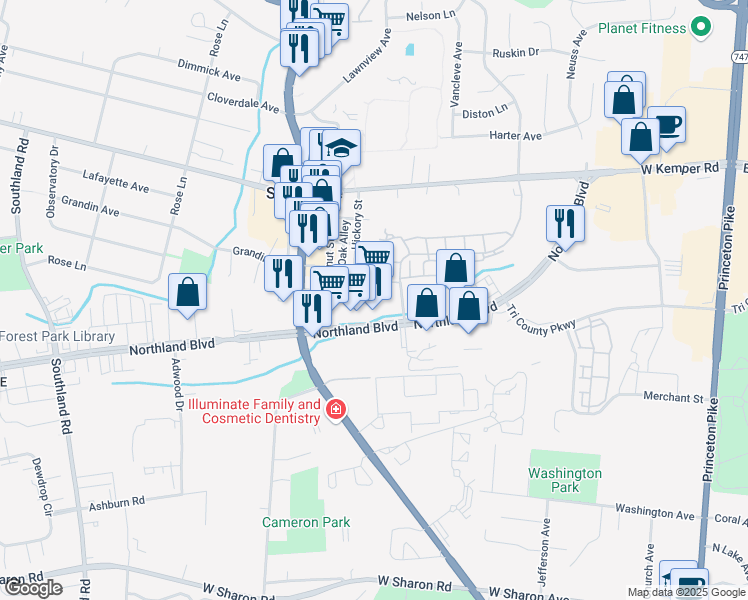 map of restaurants, bars, coffee shops, grocery stores, and more near 11494 Hickory Street in Cincinnati