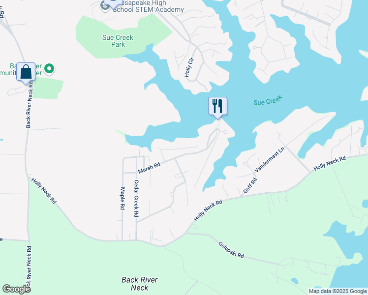 map of restaurants, bars, coffee shops, grocery stores, and more near 2108 Poplar Road in Essex