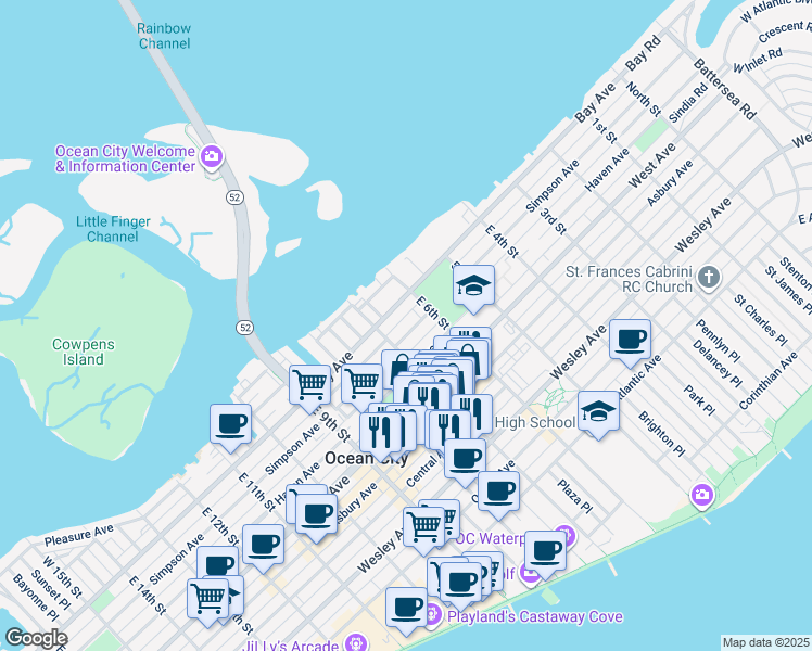 map of restaurants, bars, coffee shops, grocery stores, and more near 622 Simpson Avenue in Ocean City