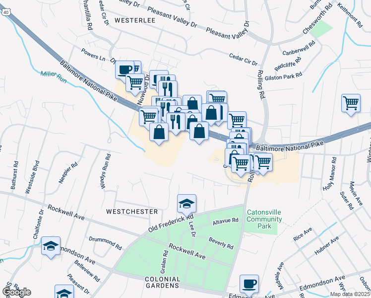 map of restaurants, bars, coffee shops, grocery stores, and more near 6427 Baltimore National Pike in Catonsville