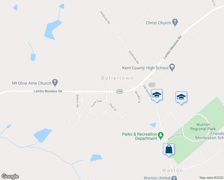 map of restaurants, bars, coffee shops, grocery stores, and more near 25050 Lambs Meadow Road in Worton