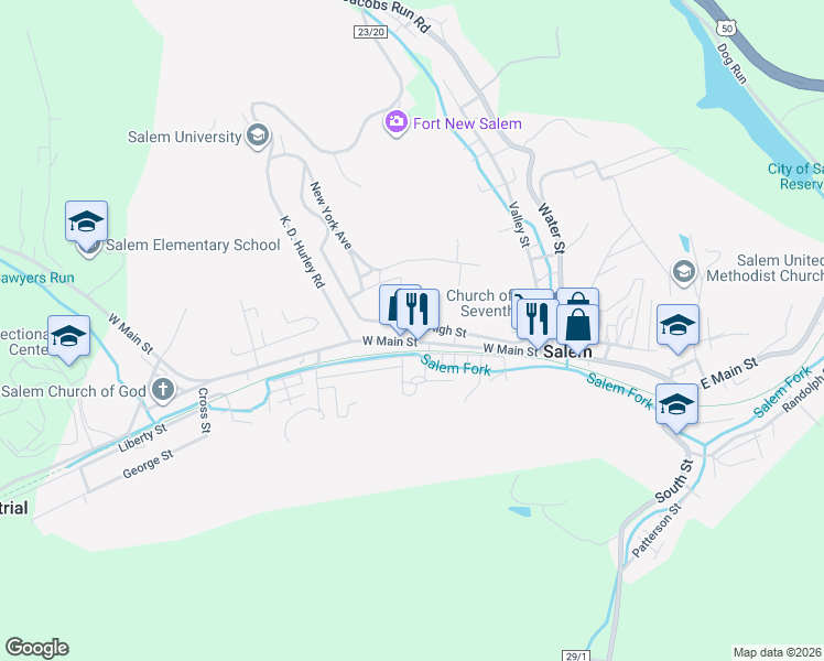 map of restaurants, bars, coffee shops, grocery stores, and more near 55 West High Street in Salem