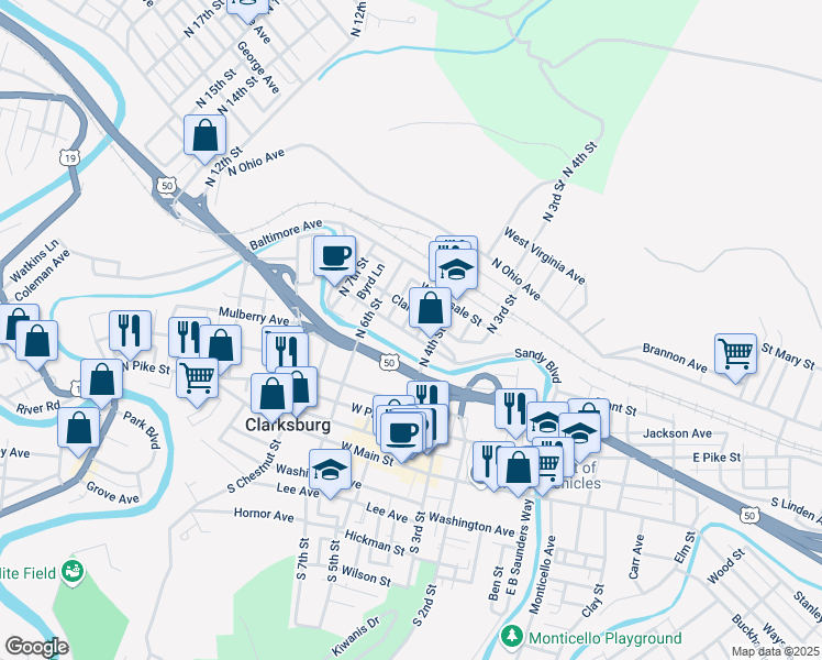 map of restaurants, bars, coffee shops, grocery stores, and more near 120 Werninger Street in Clarksburg
