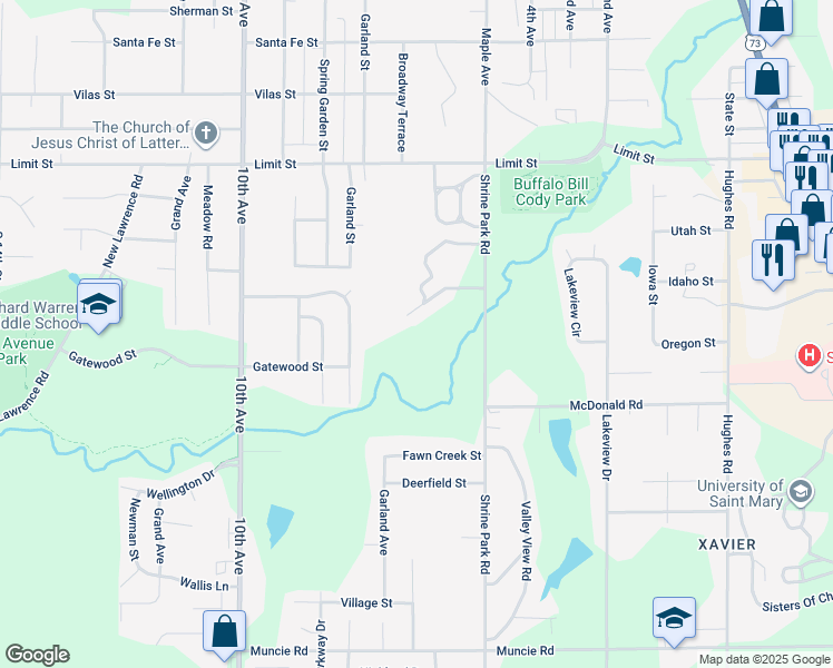 map of restaurants, bars, coffee shops, grocery stores, and more near 3200 Shrine Park Road in Leavenworth