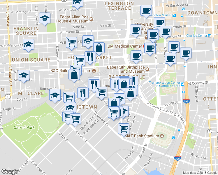 map of restaurants, bars, coffee shops, grocery stores, and more near 833 Ramsay Street in Baltimore