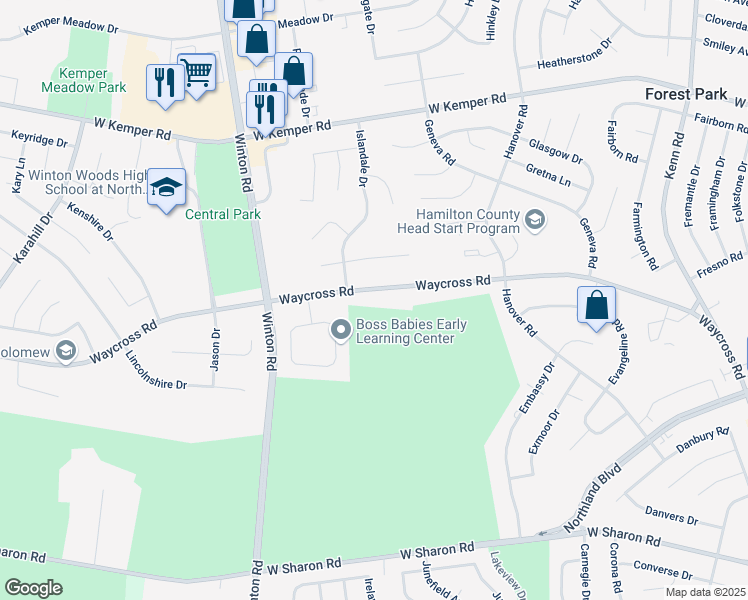 map of restaurants, bars, coffee shops, grocery stores, and more near 1079 Waycross Road in Cincinnati