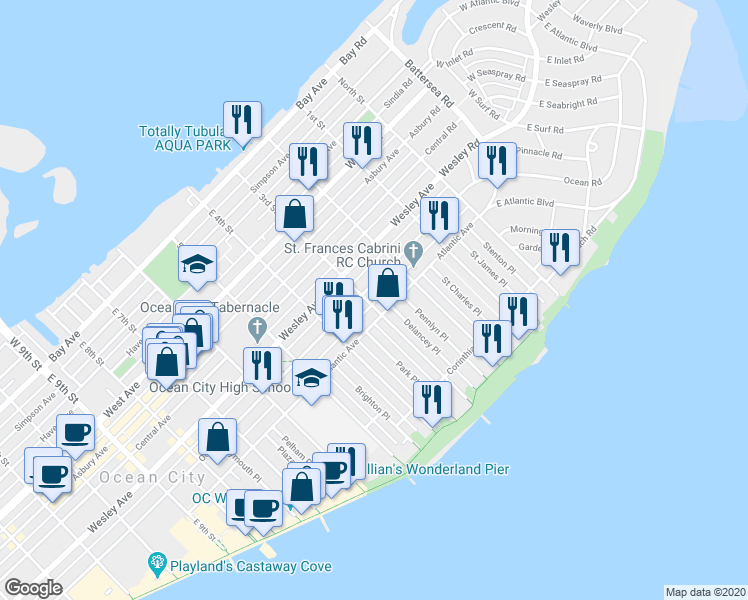 map of restaurants, bars, coffee shops, grocery stores, and more near 713 3rd Street in Ocean City