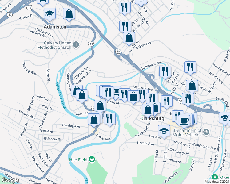map of restaurants, bars, coffee shops, grocery stores, and more near 735-763 Mulberry Avenue in Clarksburg