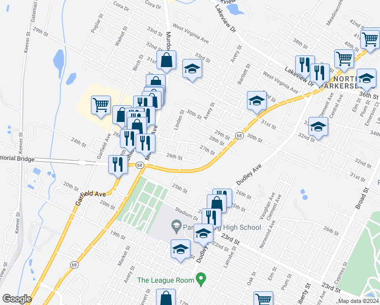 map of restaurants, bars, coffee shops, grocery stores, and more near 602 Avery Street in Parkersburg