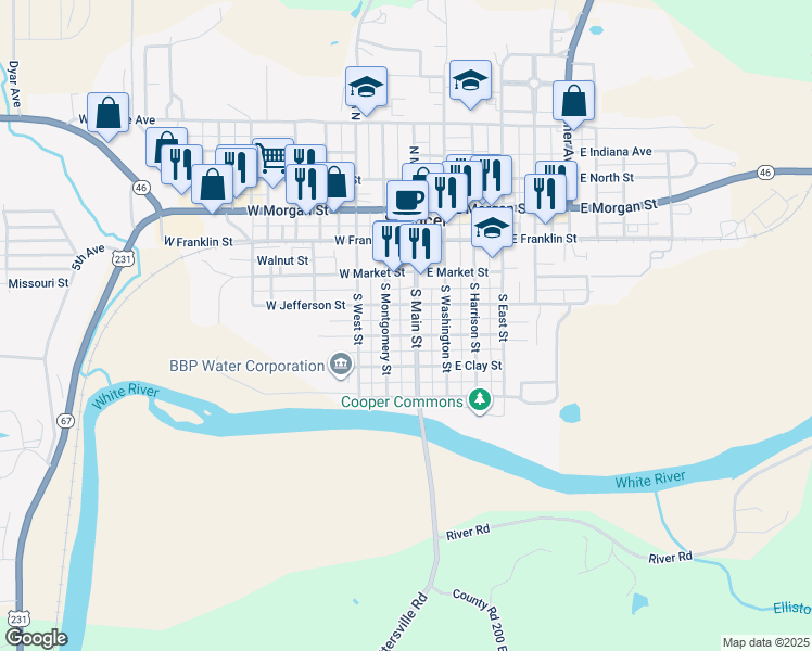 map of restaurants, bars, coffee shops, grocery stores, and more near 267 South Main Street in Spencer