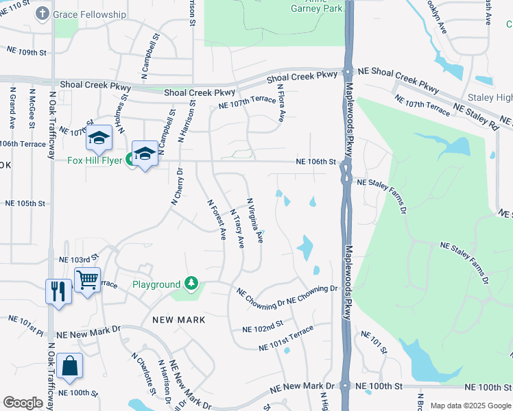 map of restaurants, bars, coffee shops, grocery stores, and more near 10407 North Virginia Avenue in Kansas City