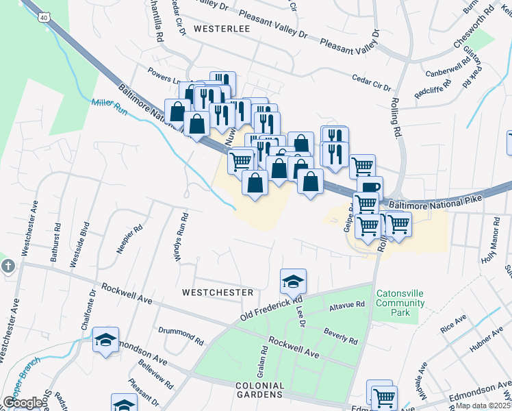 map of restaurants, bars, coffee shops, grocery stores, and more near 6501 Baltimore National Pike in Catonsville