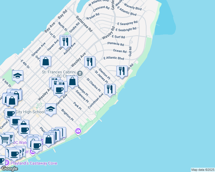 map of restaurants, bars, coffee shops, grocery stores, and more near 34 Corinthian Avenue in Ocean City