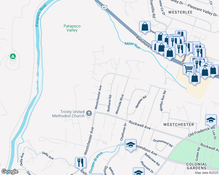 map of restaurants, bars, coffee shops, grocery stores, and more near 502 Bathurst Road in Catonsville