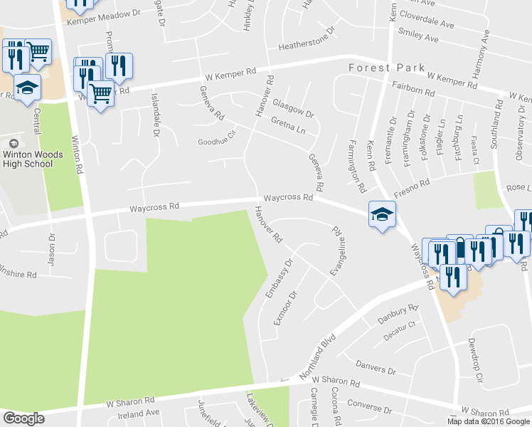 map of restaurants, bars, coffee shops, grocery stores, and more near 11286 Hanover Road in Cincinnati