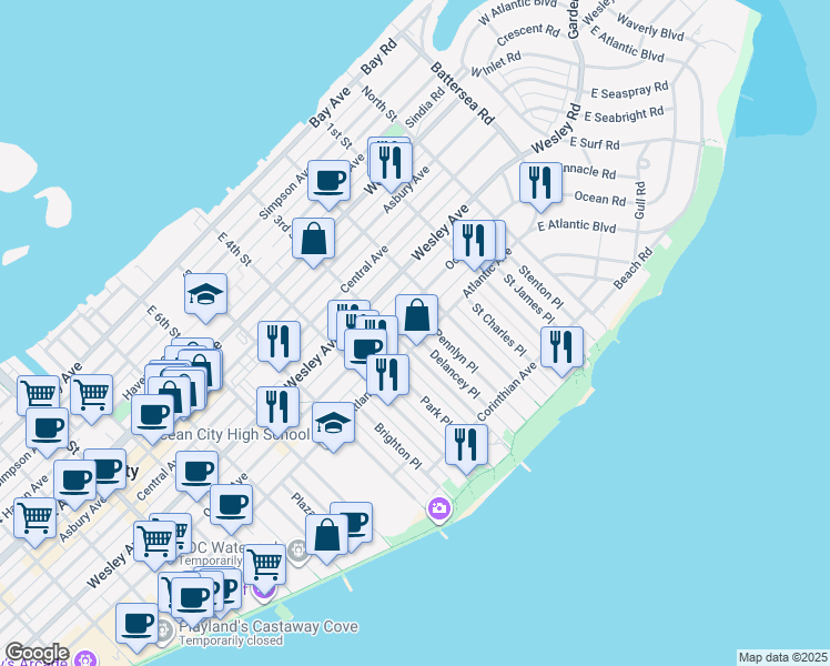 map of restaurants, bars, coffee shops, grocery stores, and more near 713 3rd Street in Ocean City