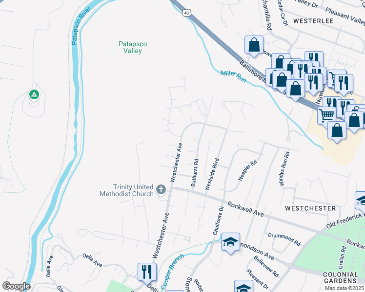 map of restaurants, bars, coffee shops, grocery stores, and more near 1925 Westchester Avenue in Catonsville