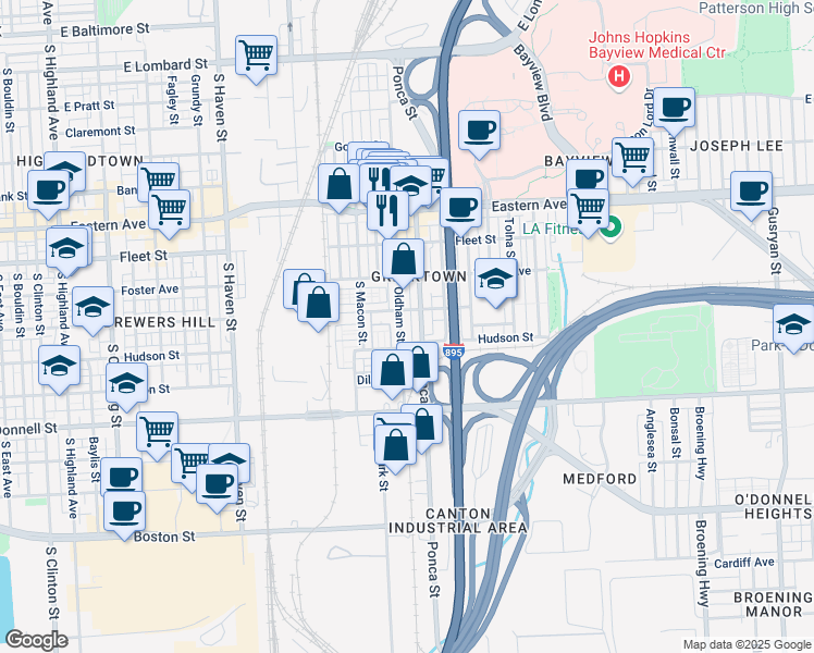 map of restaurants, bars, coffee shops, grocery stores, and more near 819 Oldham Street in Baltimore