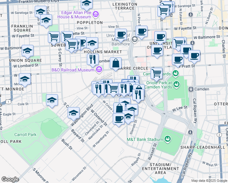 map of restaurants, bars, coffee shops, grocery stores, and more near 833 Ramsay Street in Baltimore