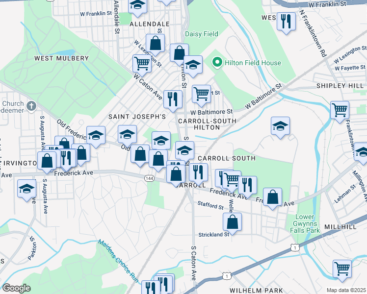 map of restaurants, bars, coffee shops, grocery stores, and more near 144 South Hilton Street in Baltimore