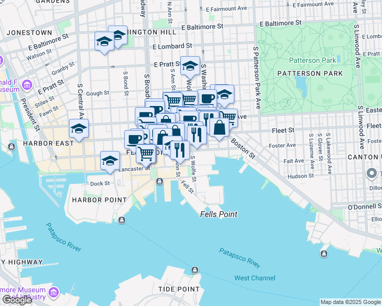 map of restaurants, bars, coffee shops, grocery stores, and more near 1829 Aliceanna Street in Baltimore