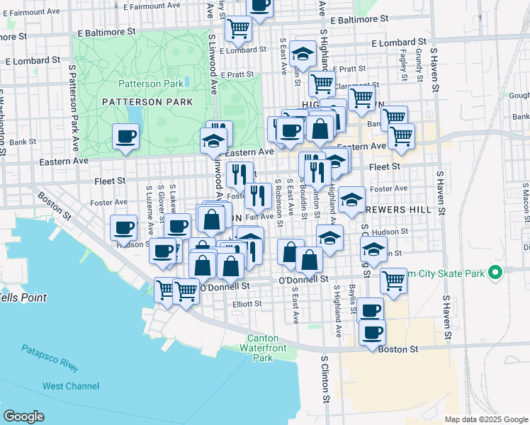 map of restaurants, bars, coffee shops, grocery stores, and more near 738 South Ellwood Avenue in Baltimore