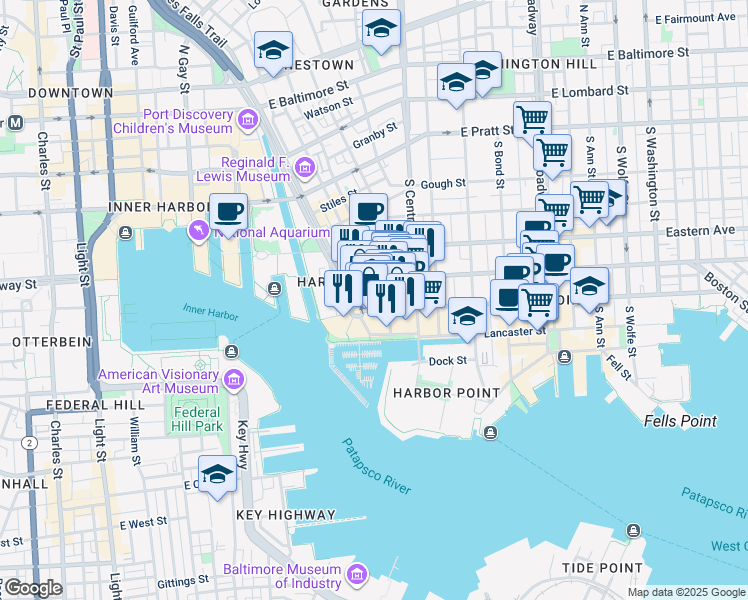 map of restaurants, bars, coffee shops, grocery stores, and more near 675 South President Street in Baltimore