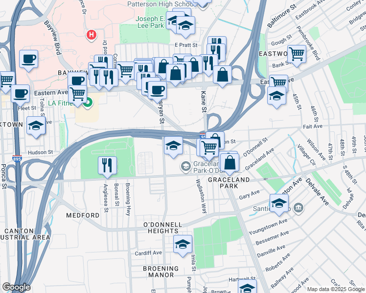 map of restaurants, bars, coffee shops, grocery stores, and more near 6325 Hudson Street in Baltimore