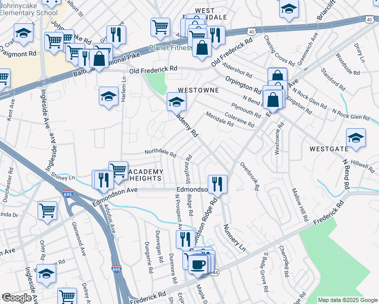 map of restaurants, bars, coffee shops, grocery stores, and more near 412 Stratford Road in Catonsville