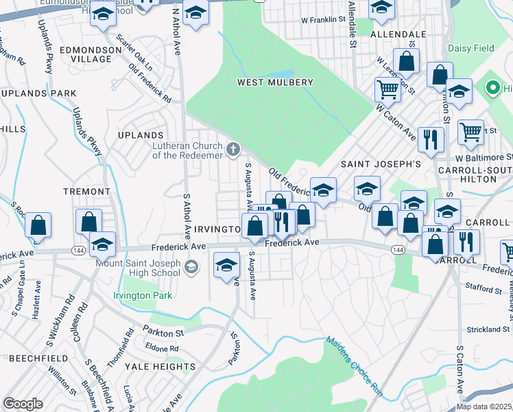 map of restaurants, bars, coffee shops, grocery stores, and more near 157 S Augusta Ave in Baltimore