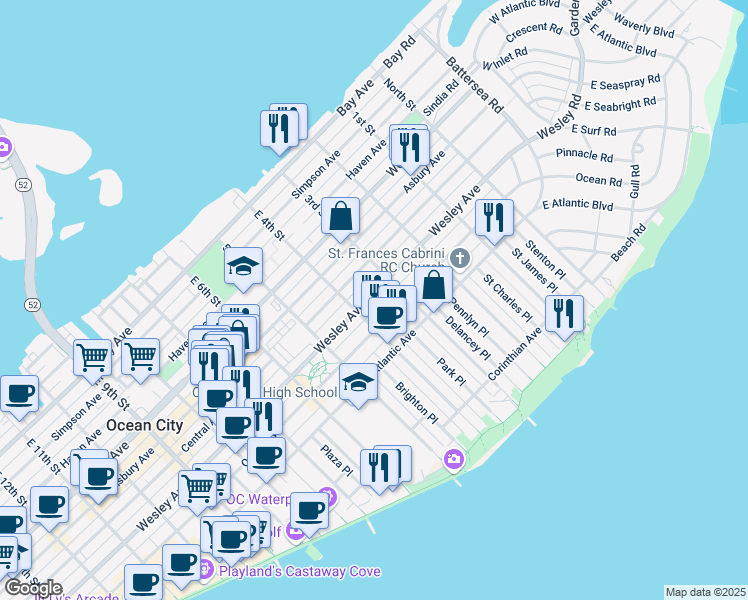 map of restaurants, bars, coffee shops, grocery stores, and more near 321 Wesley Avenue in Ocean City