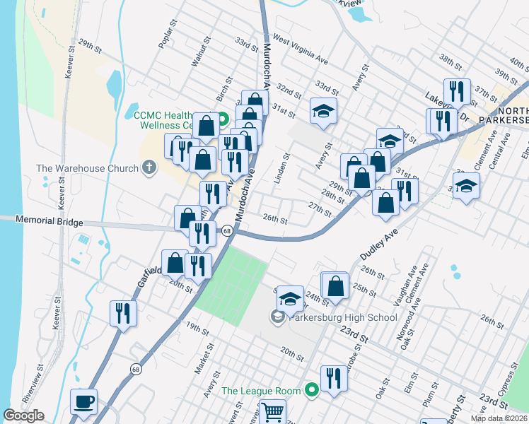 map of restaurants, bars, coffee shops, grocery stores, and more near 913 26th Street in Parkersburg