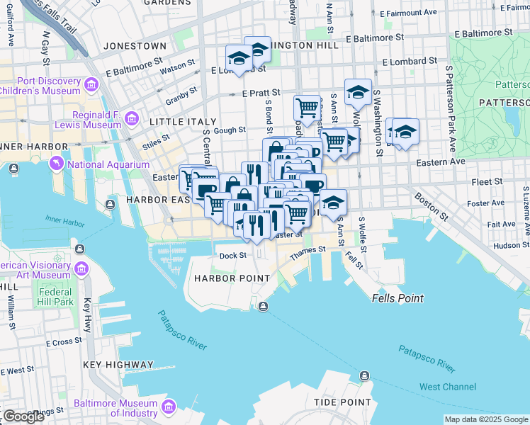 map of restaurants, bars, coffee shops, grocery stores, and more near 1508 Aliceanna Street in Baltimore