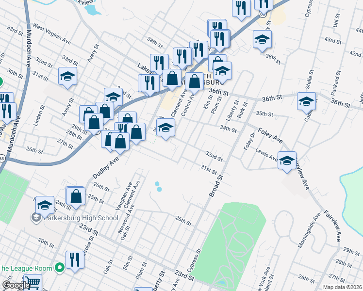 map of restaurants, bars, coffee shops, grocery stores, and more near 3109 Elm St in Parkersburg