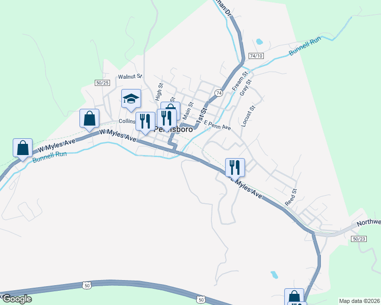 map of restaurants, bars, coffee shops, grocery stores, and more near 73 East Myles Avenue in Pennsboro