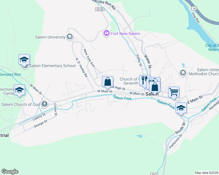 map of restaurants, bars, coffee shops, grocery stores, and more near 55 West High Street in Salem