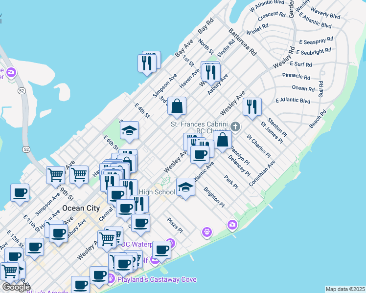 map of restaurants, bars, coffee shops, grocery stores, and more near 511 E 4th St in Ocean City