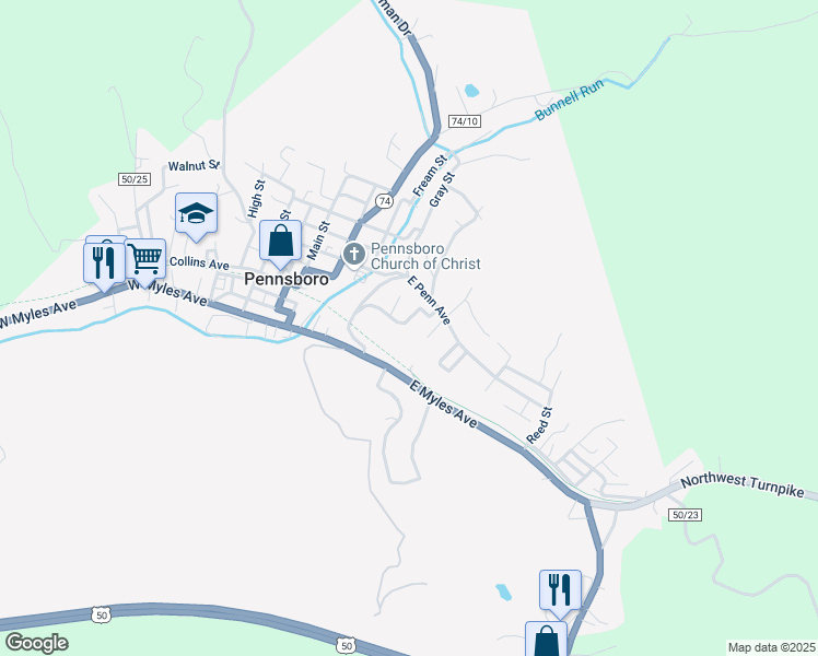 map of restaurants, bars, coffee shops, grocery stores, and more near 116-122 Pine Drive in Pennsboro