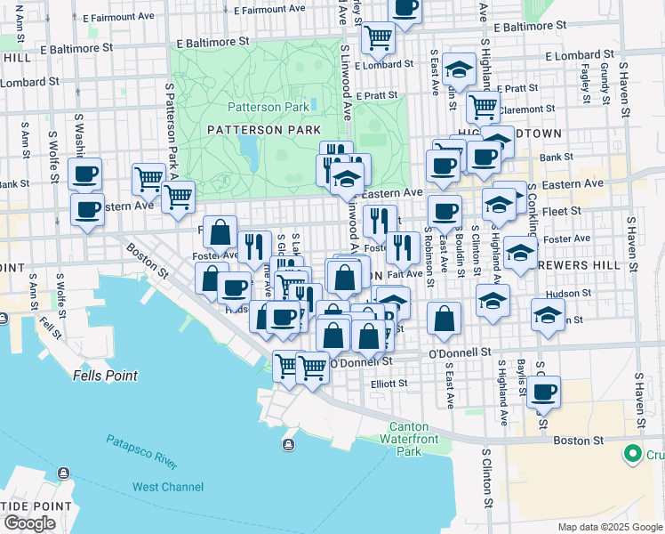 map of restaurants, bars, coffee shops, grocery stores, and more near 2801 Foster Avenue in Baltimore