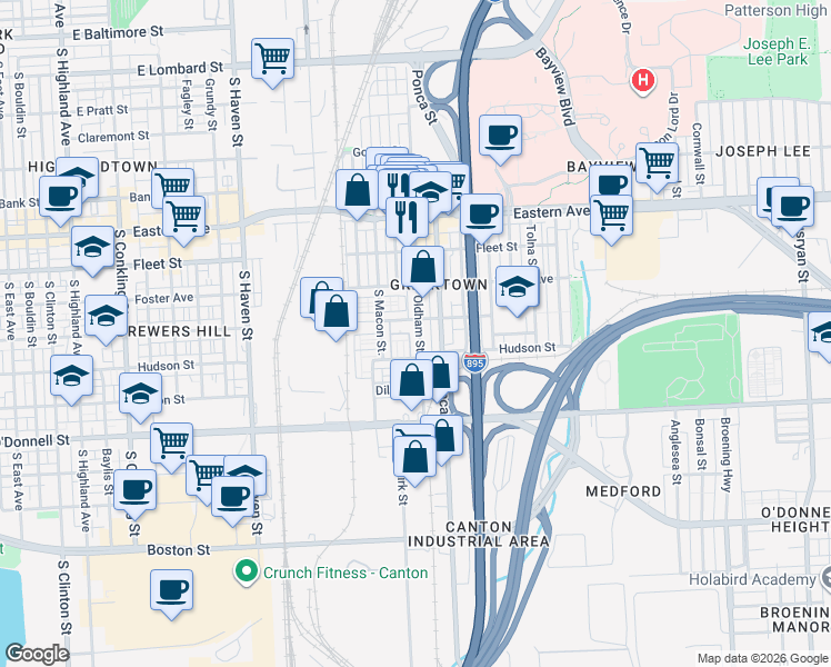map of restaurants, bars, coffee shops, grocery stores, and more near 810 Oldham Street in Baltimore