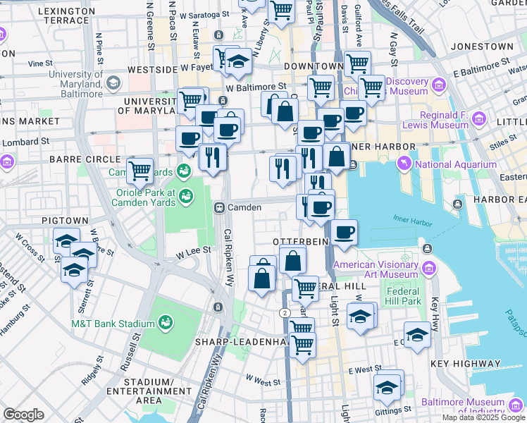 map of restaurants, bars, coffee shops, grocery stores, and more near 407 South Sharp Street in Baltimore
