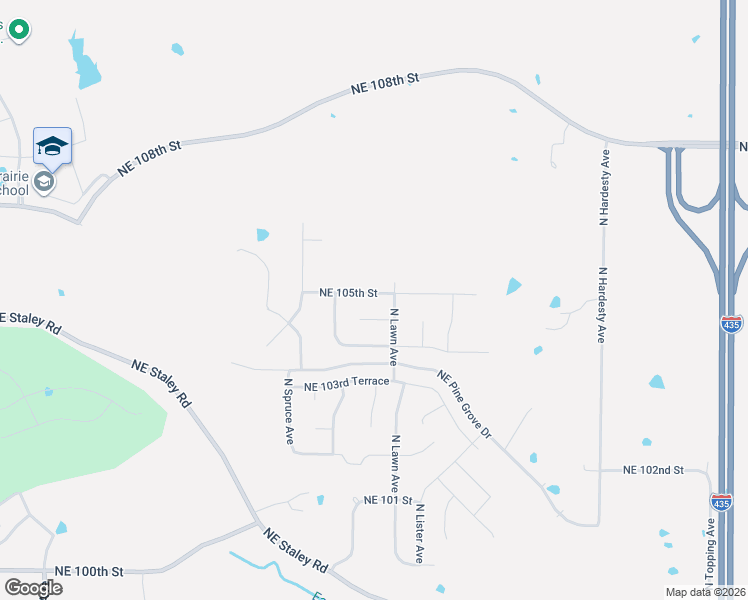 map of restaurants, bars, coffee shops, grocery stores, and more near 4601 Northeast 105th Street in Kansas City