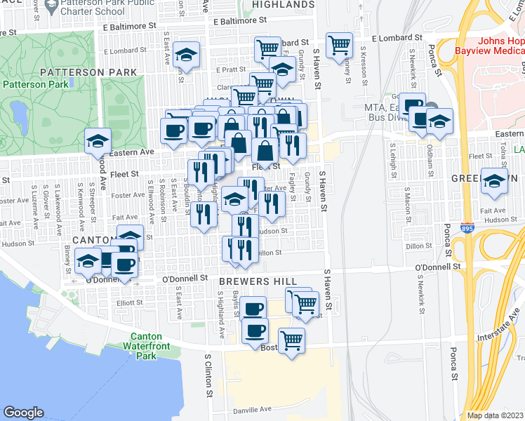 map of restaurants, bars, coffee shops, grocery stores, and more near Fait Ave & S Dean St in Baltimore