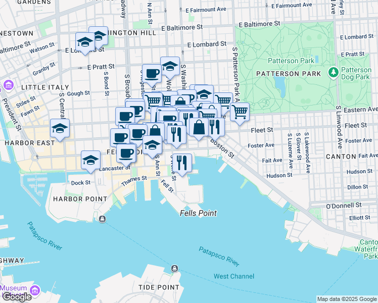 map of restaurants, bars, coffee shops, grocery stores, and more near 1937 Aliceanna Street in Baltimore