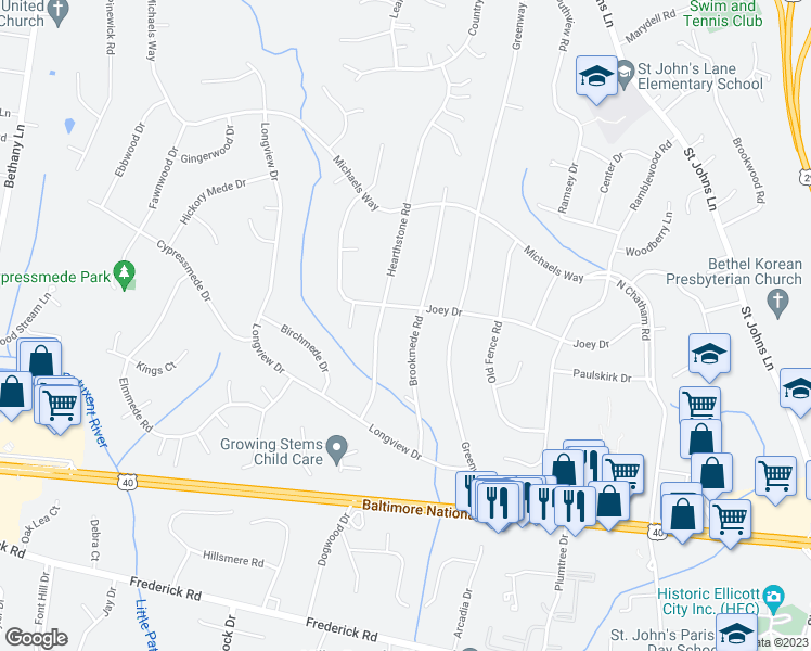 map of restaurants, bars, coffee shops, grocery stores, and more near 3206 Brookmede Road in Ellicott City