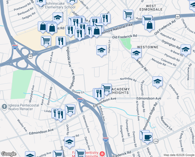 map of restaurants, bars, coffee shops, grocery stores, and more near 643 Lucky Leaf Circle in Catonsville