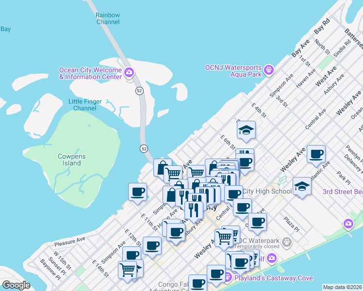 map of restaurants, bars, coffee shops, grocery stores, and more near 710 Pleasure Avenue in Ocean City