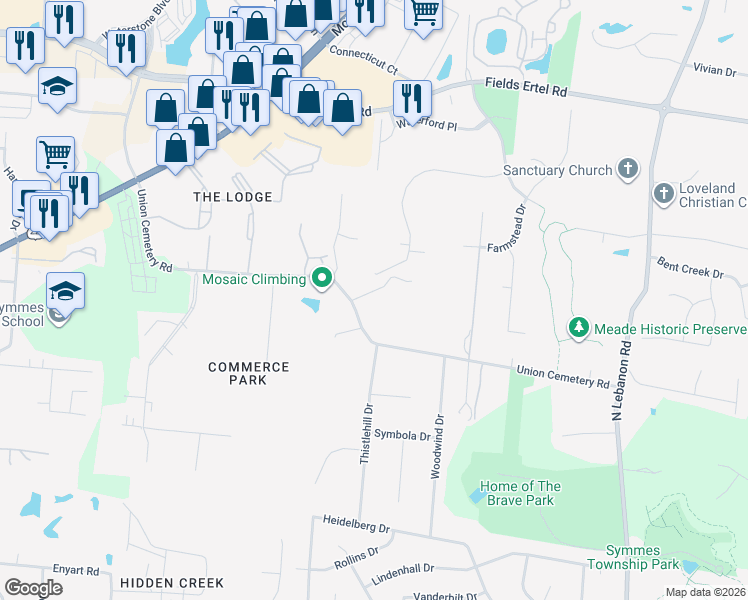 map of restaurants, bars, coffee shops, grocery stores, and more near 9558 Union Cemetery Road in Loveland