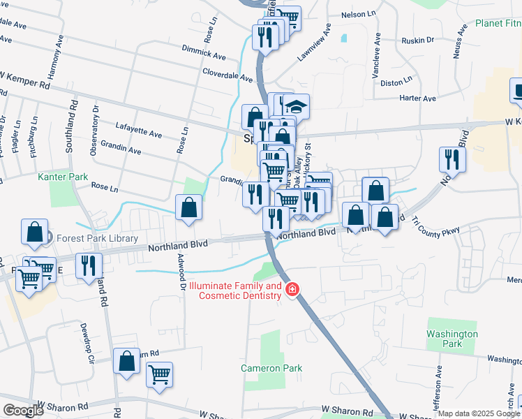 map of restaurants, bars, coffee shops, grocery stores, and more near 11475 Springfield Pike in Cincinnati