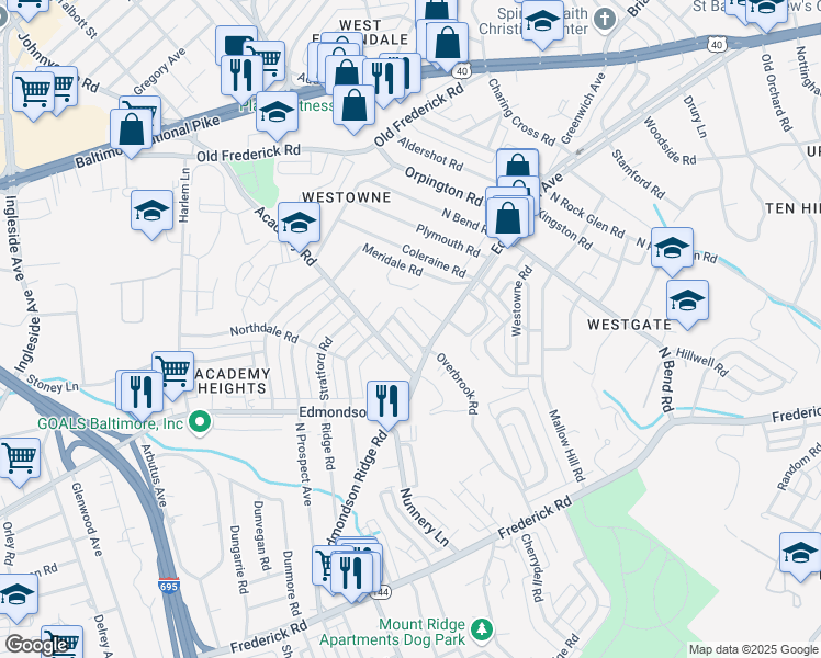 map of restaurants, bars, coffee shops, grocery stores, and more near 421 Overbrook Road in Catonsville